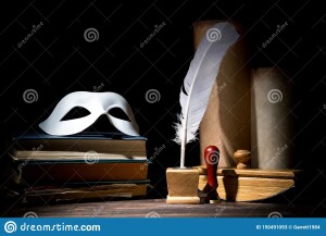 drama-theater-literature-concept-old-inkstand-feather-near-scrolls-mask-books-against-black-background-dramatic-150491093